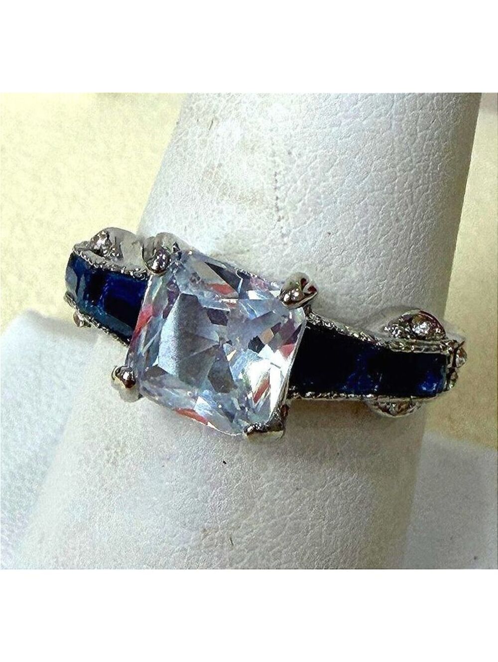 Silver Tone Ring with Square Clear and Blue Gemstones Size 8.5